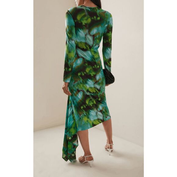 Silvia Tcherassi Ananya Abstract Long Sleeve Draped Midi Dress Green Small $990 - Picture 3 of 12